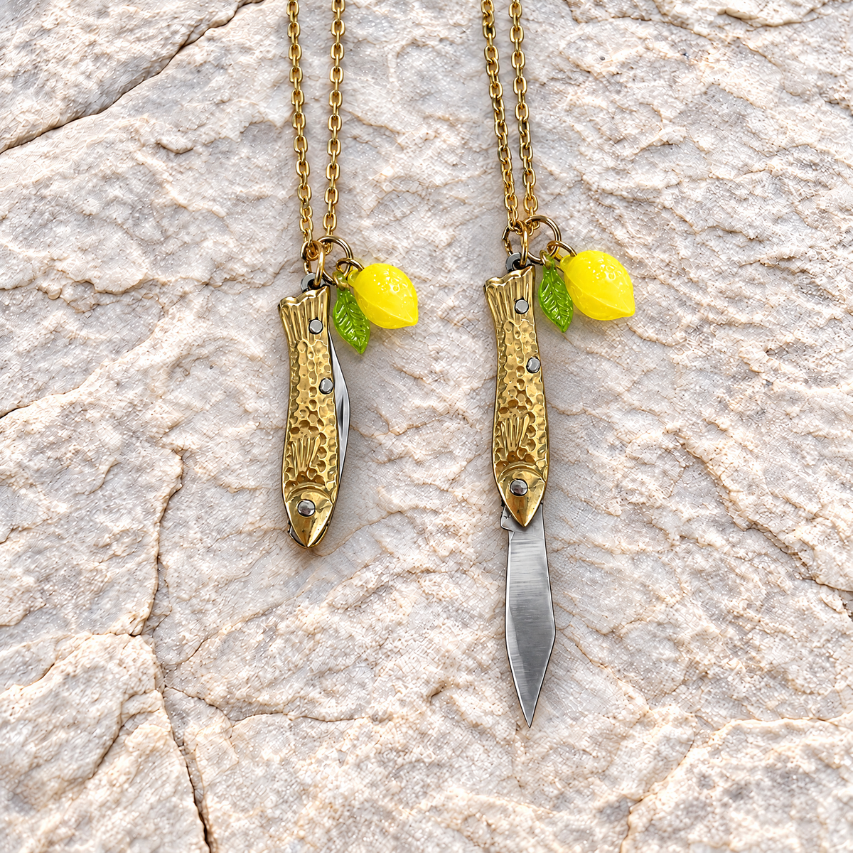 Lemon Sardine Knife Necklace | Folding Mini Knife Pendant in Gold with Yellow Lemon Charm | GetBullish-GetBullish-The Bullish Store