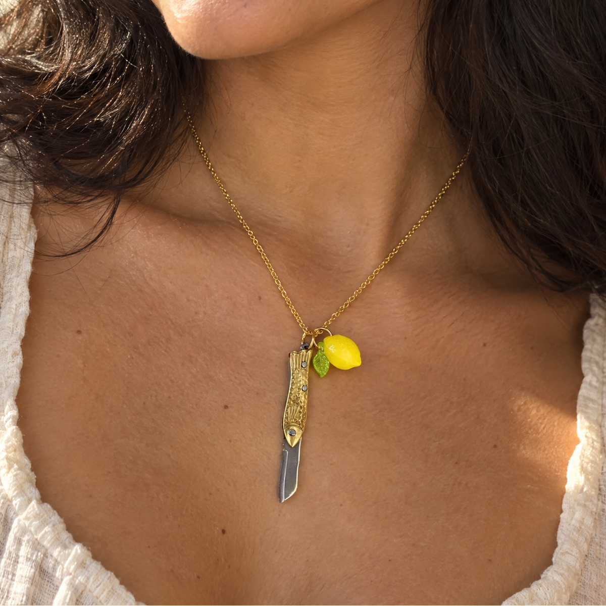 Lemon Sardine Knife Necklace | Folding Mini Knife Pendant in Gold with Yellow Lemon Charm | GetBullish-GetBullish-The Bullish Store