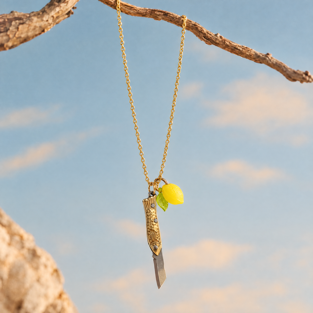 Lemon Sardine Knife Necklace | Folding Mini Knife Pendant in Gold with Yellow Lemon Charm | GetBullish-GetBullish-The Bullish Store