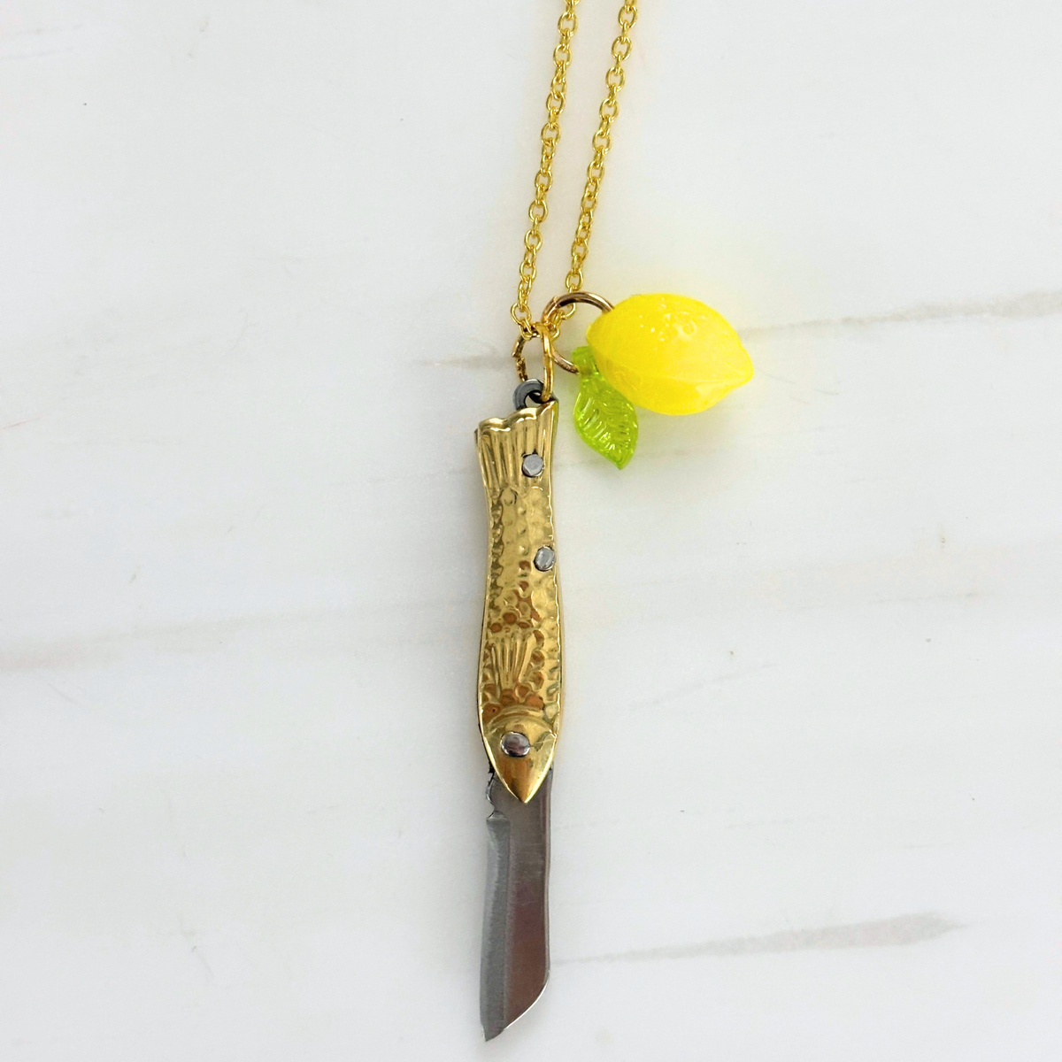 Lemon Sardine Knife Necklace | Folding Mini Knife Pendant in Gold with Yellow Lemon Charm | GetBullish-GetBullish-The Bullish Store