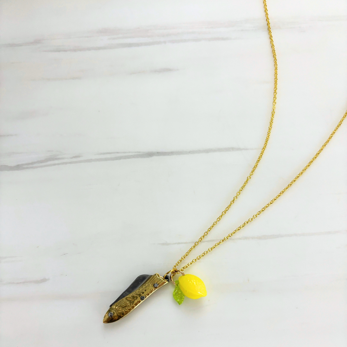 Lemon Sardine Knife Necklace | Folding Mini Knife Pendant in Gold with Yellow Lemon Charm | GetBullish-GetBullish-The Bullish Store