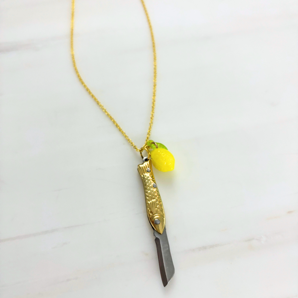 Lemon Sardine Knife Necklace | Folding Mini Knife Pendant in Gold with Yellow Lemon Charm | GetBullish-GetBullish-The Bullish Store