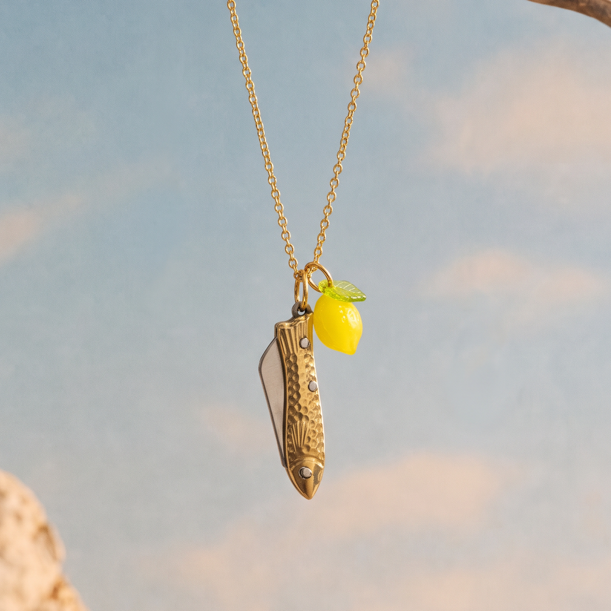 Lemon Sardine Knife Necklace | Folding Mini Knife Pendant in Gold with Yellow Lemon Charm | GetBullish-GetBullish-The Bullish Store