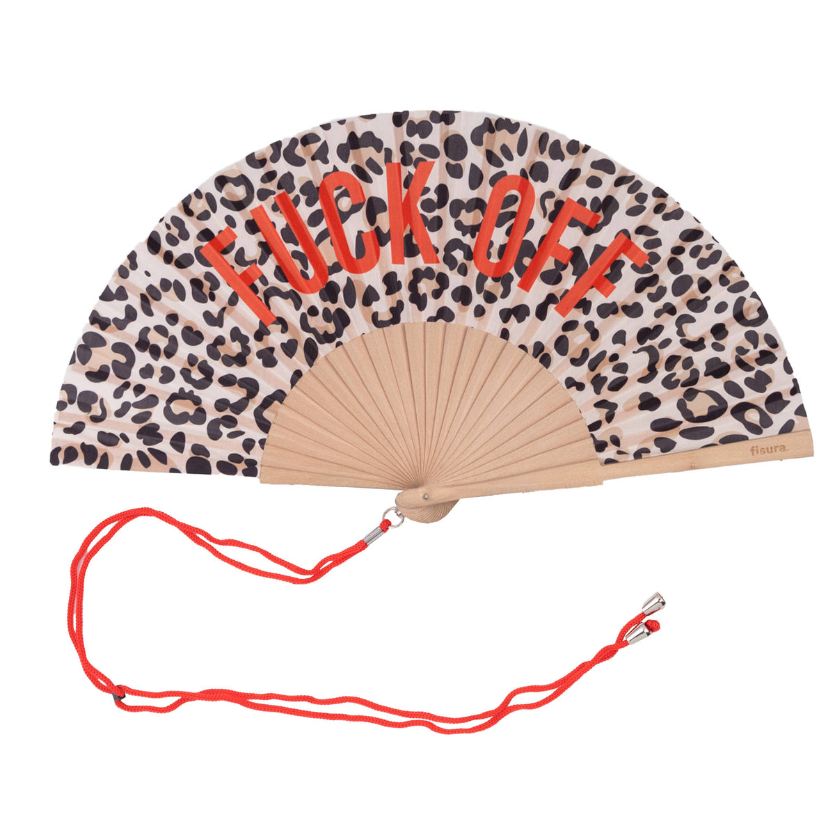 Leopard print fan with 'F**K OFF' text and red lanyard