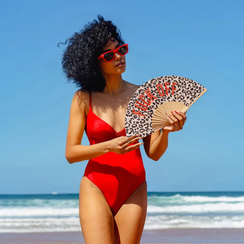 Leopard Print Wooden Hand Fan | Fuck Off