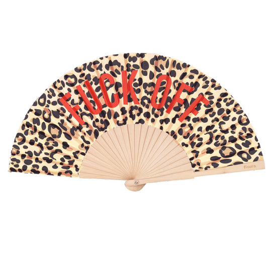 Leopard print fan with red text "Fuck Off"