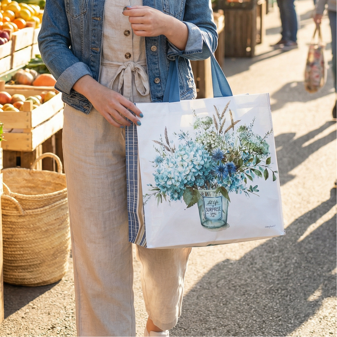 Let Life Surprise You Reusable Market Tote Bag | Blue Floral Inspirational Eco Shopping Bag | 15.25" x 6" x 15.5"