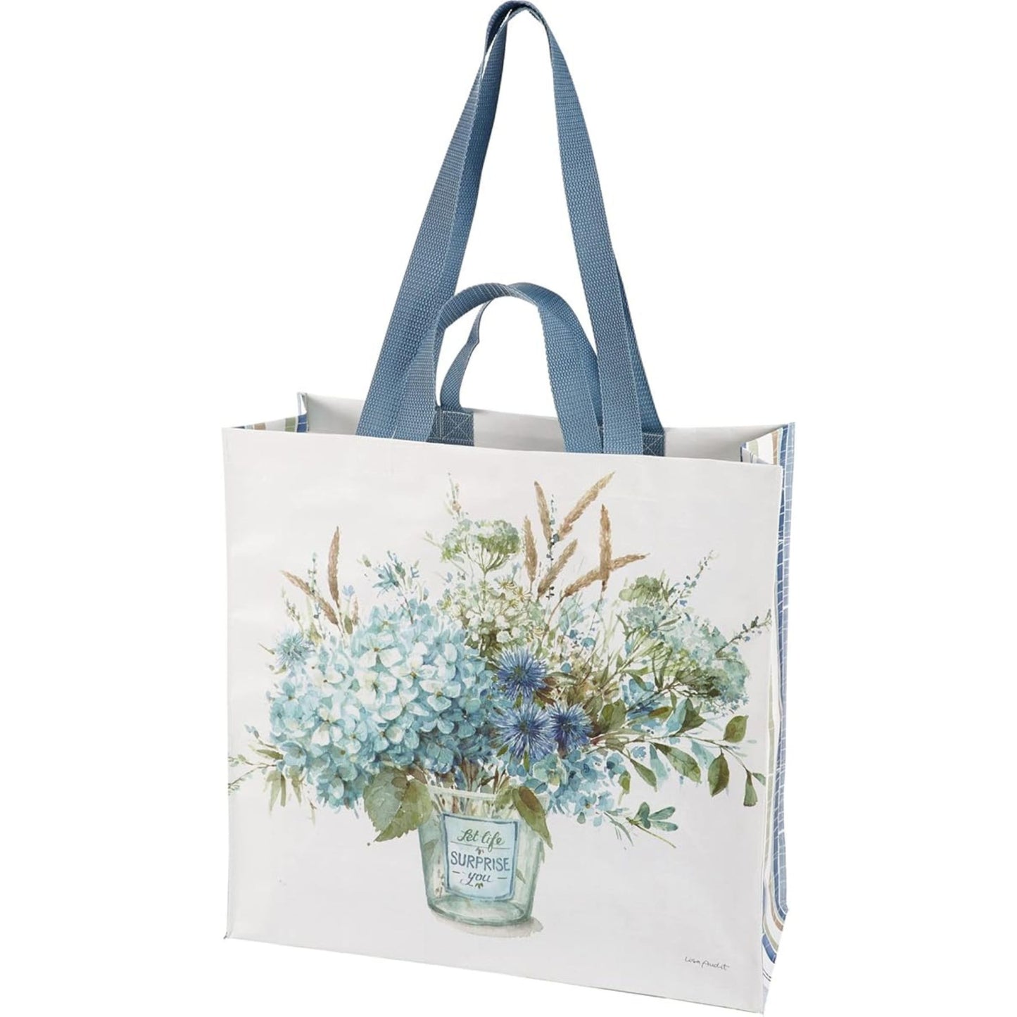 Tote bag with floral design and text "Let Life Surprise You"