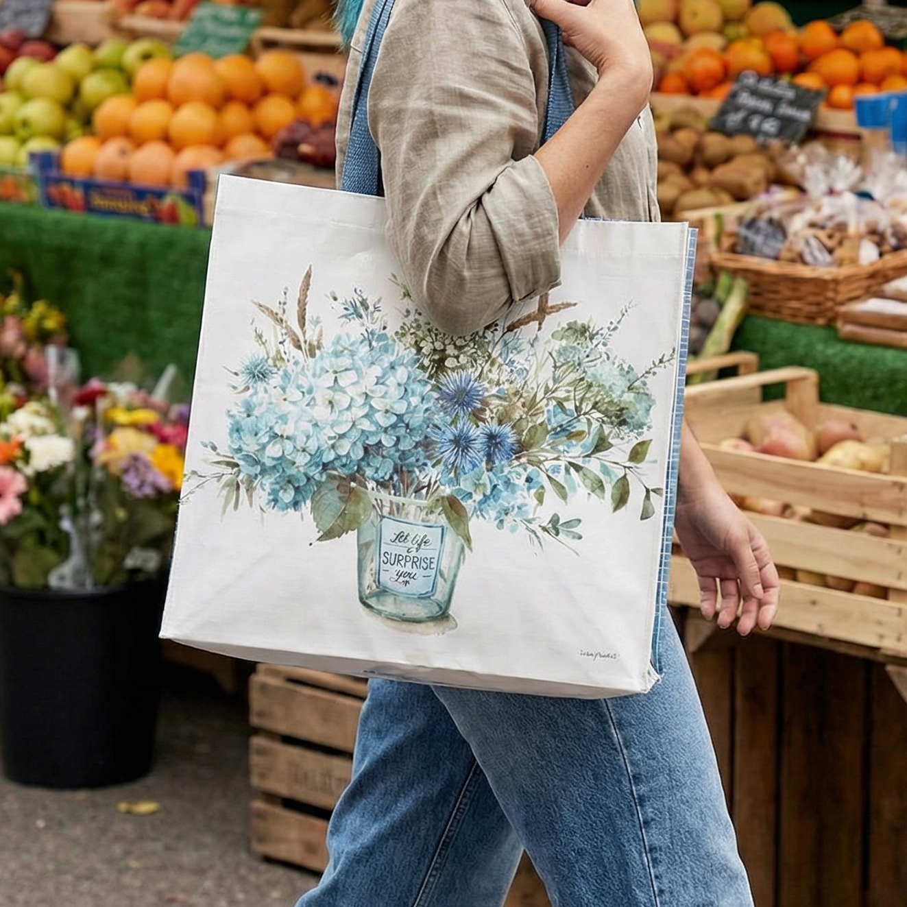 Let Life Surprise You Reusable Market Tote Bag | Blue Floral Inspirational Eco Shopping Bag | 15.25" x 6" x 15.5"