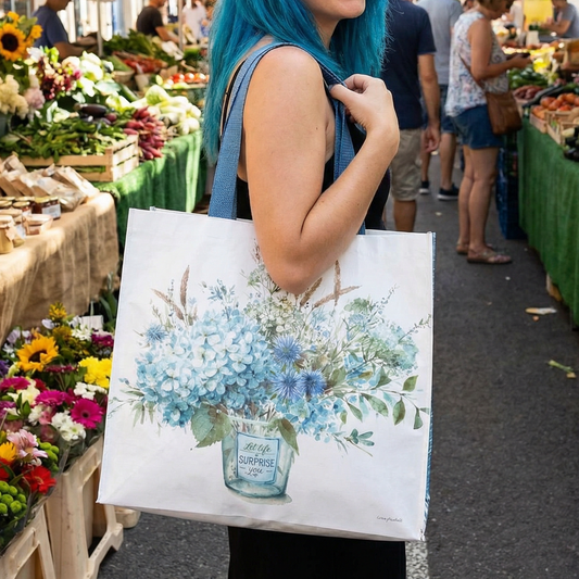 Let Life Surprise You Reusable Market Tote Bag | Blue Floral Inspirational Eco Shopping Bag | 15.25" x 6" x 15.5"
