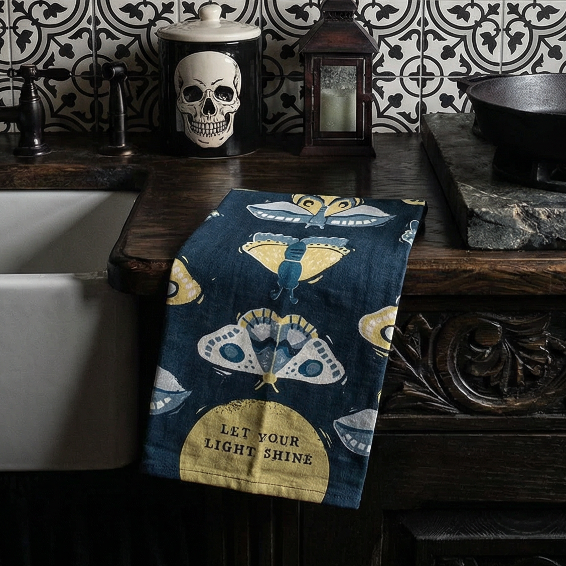 Let Your Light Shine Gothic Moth Dish Cloth Towel