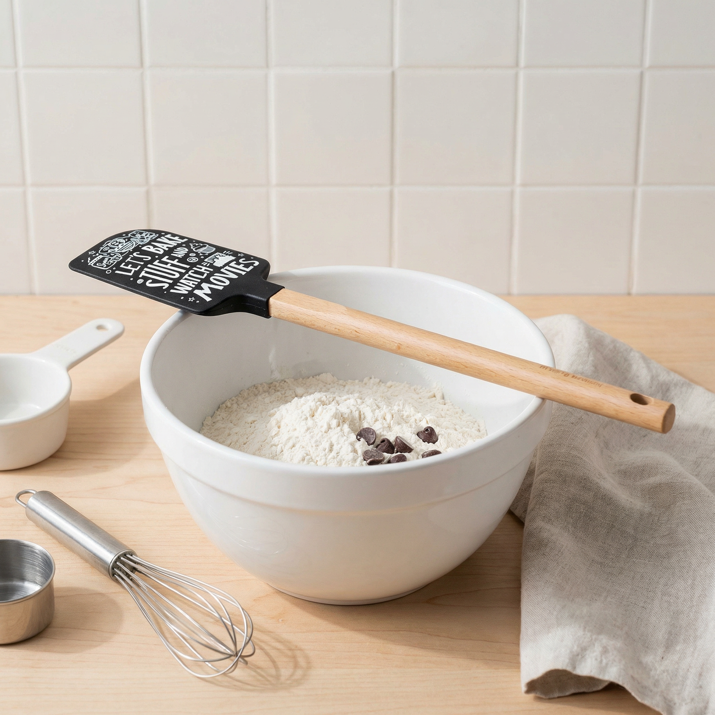 Let’s Bake Stuff and Watch Movies Silicone Spatula with Wooden Handle | Heat Resistant Kitchen Baking Utensil