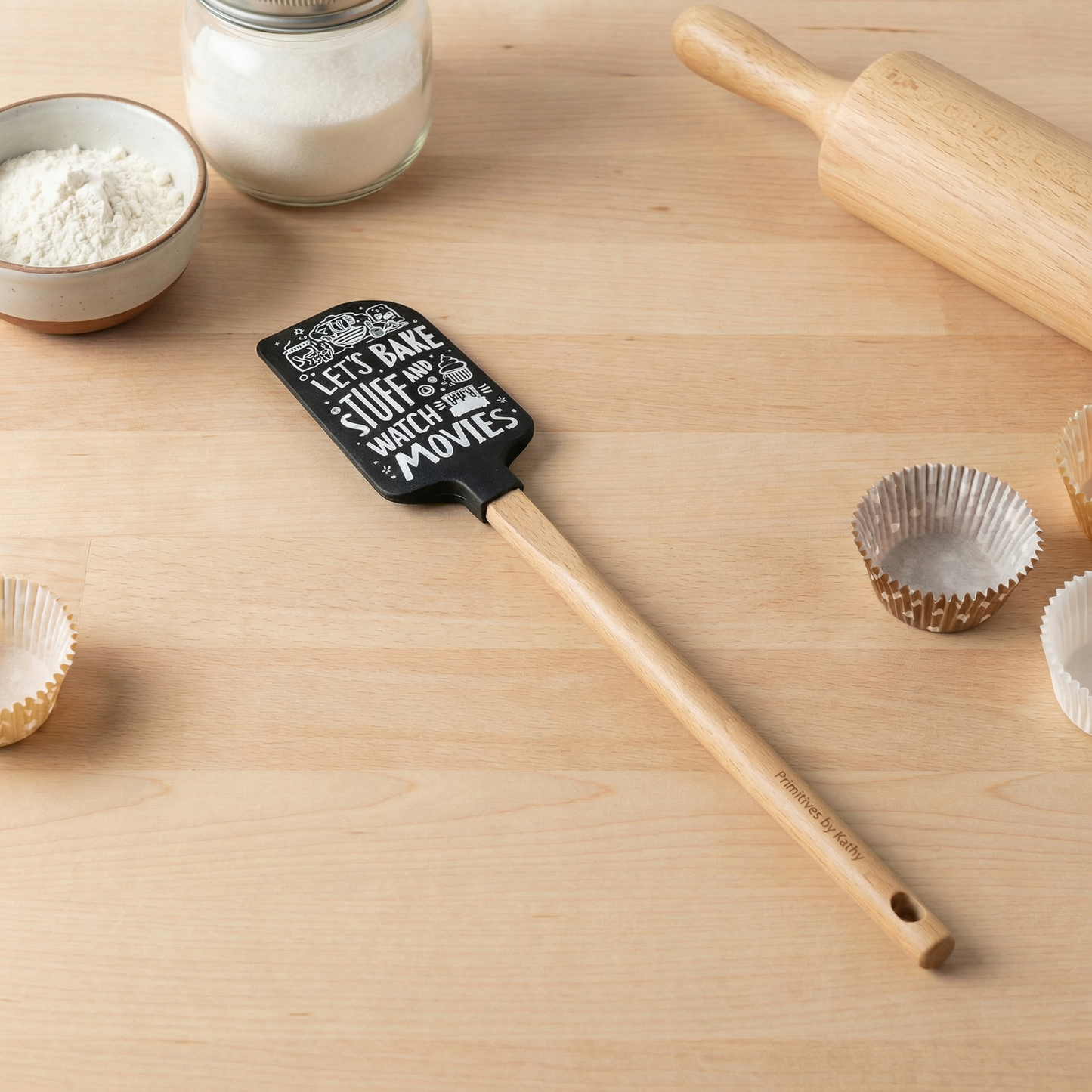 Let’s Bake Stuff and Watch Movies Silicone Spatula with Wooden Handle | Heat Resistant Kitchen Baking Utensil