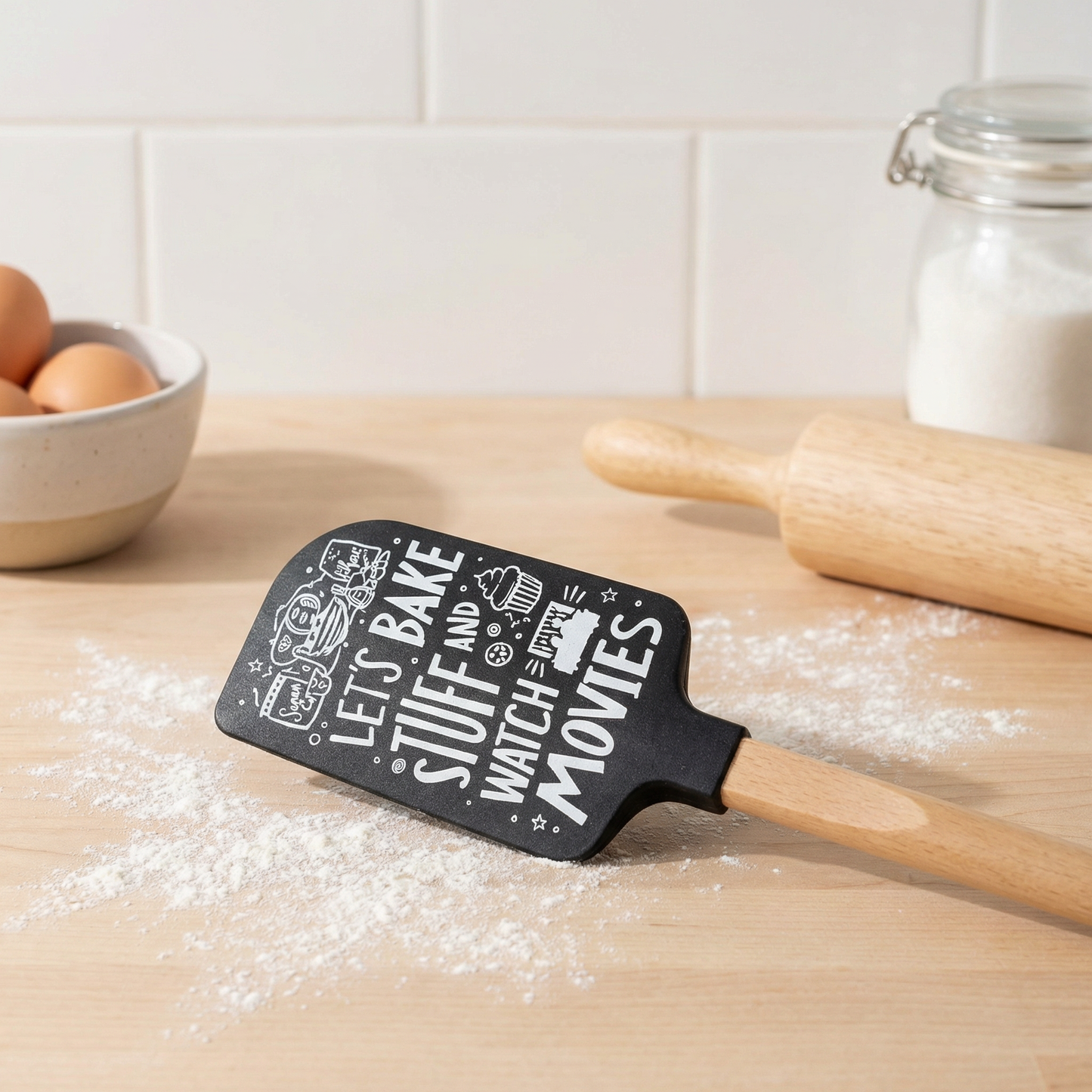 Let’s Bake Stuff and Watch Movies Silicone Spatula with Wooden Handle | Heat Resistant Kitchen Baking Utensil