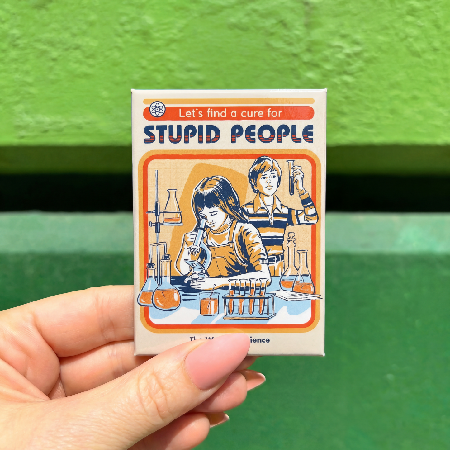 Let's Find A Cure For Stupid People Rectangular Fridge Magnet | '80s Children's Book Style Satirical Art by Steven Rhodes | 2.5" X 3.5"
