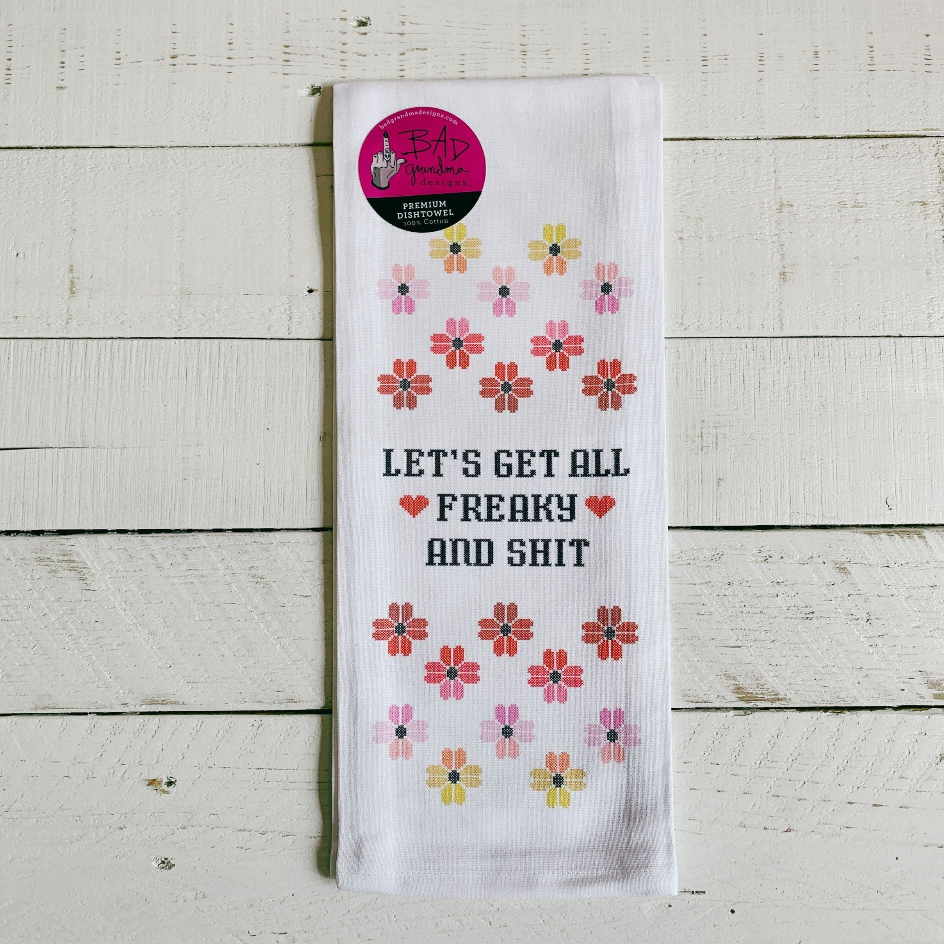 Let's Get All Freaky and Shit Cross-Stitch Print Dishtowel | Hangable Rude Funny Saying Cotton Towel