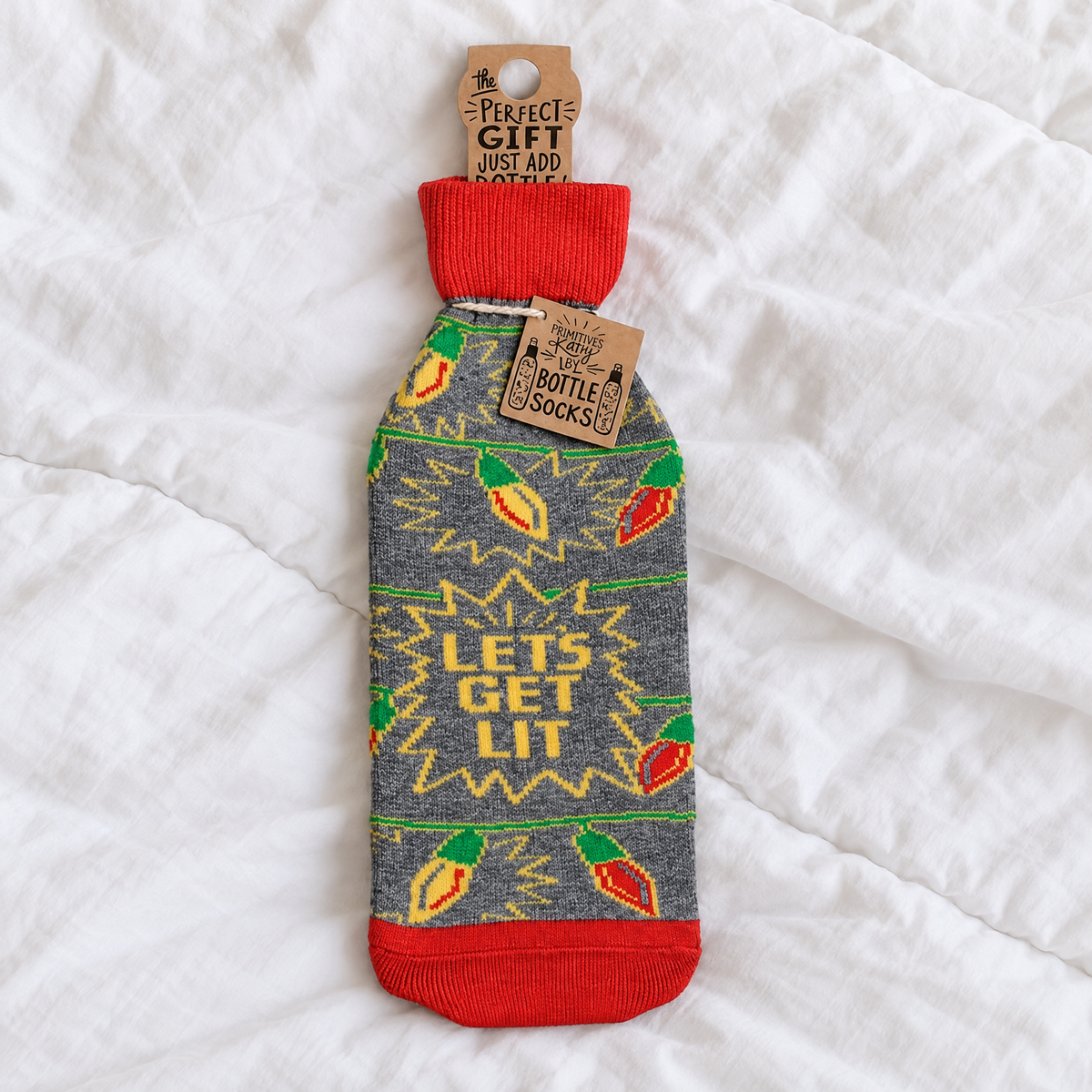 Let’s Get Lit Christmas Bottle Sock | Funny Holiday Wine Bottle Cover-Primitives by Kathy-The Bullish Store