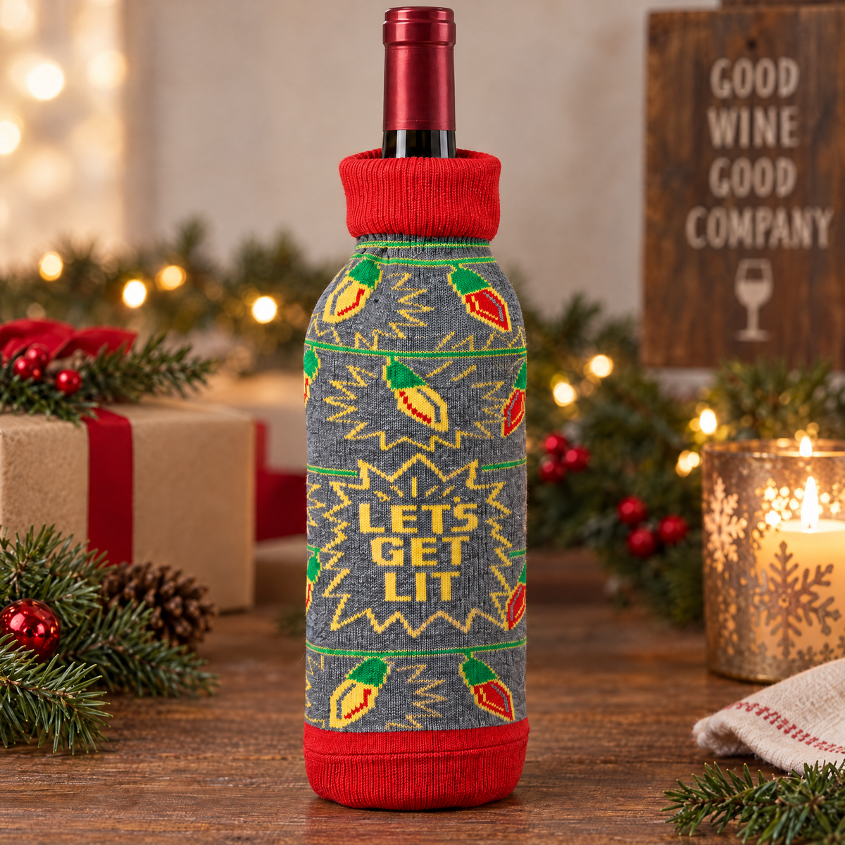 Let’s Get Lit Christmas Bottle Sock | Funny Holiday Wine Bottle Cover-Primitives by Kathy-The Bullish Store
