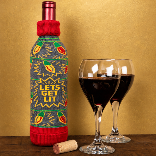 Let’s Get Lit Christmas Bottle Sock | Funny Holiday Wine Bottle Cover-Primitives by Kathy-The Bullish Store