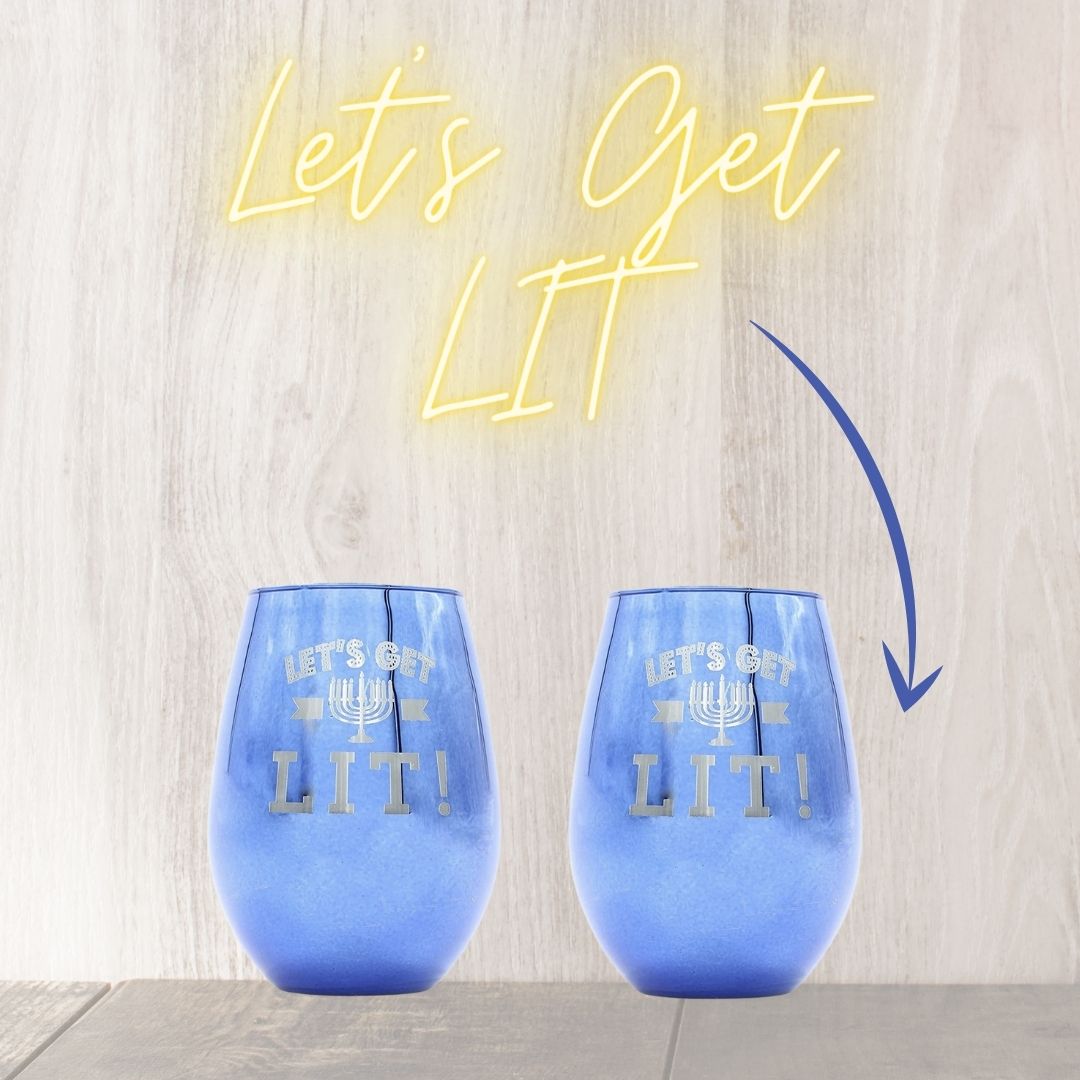Let's Get Lit Stemless Hanukkah Wine Glass with Menorah Motif | 20 oz.