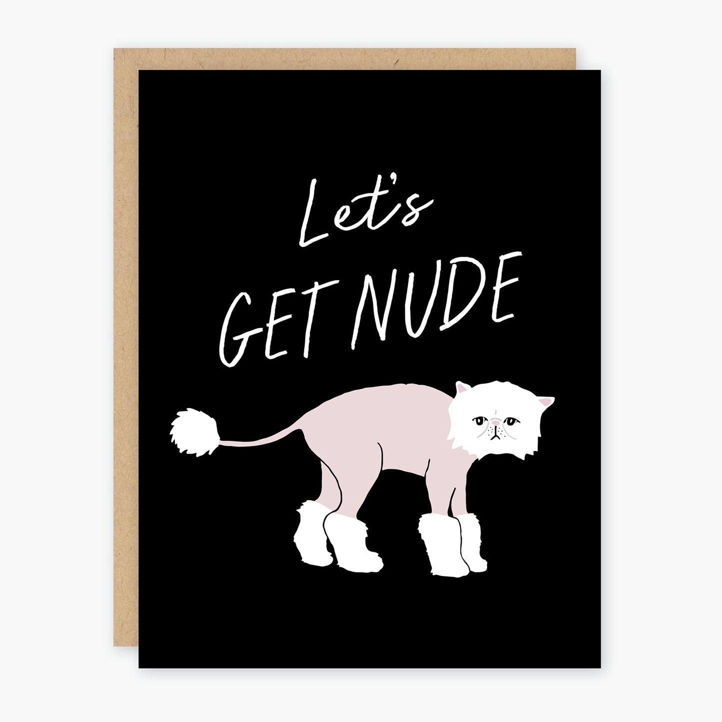 Let's Get Nude Black Greeting Card Featuring a Shaved Cat Motif