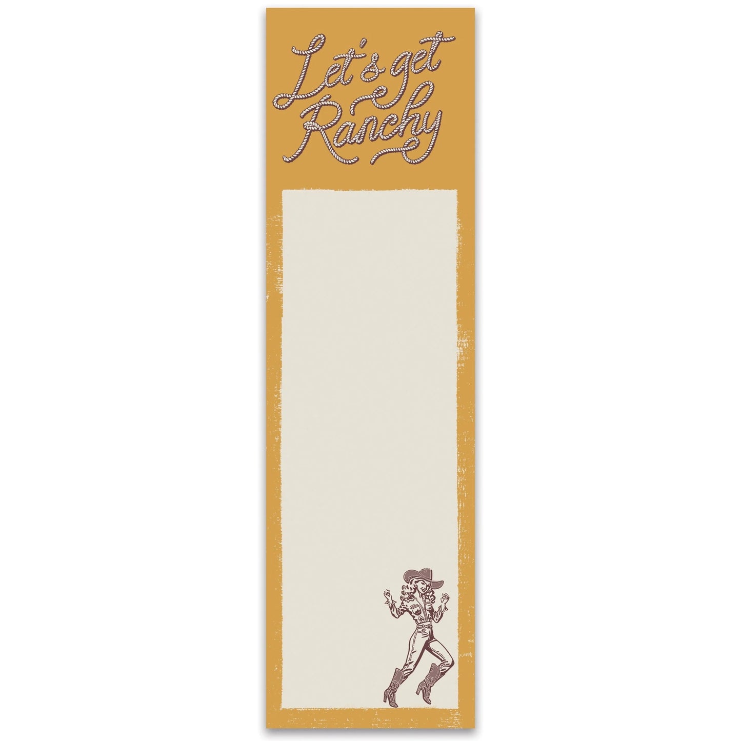 Long narrow notepad with 'Let's get Ranchy' text and cowboy illustration on a white background