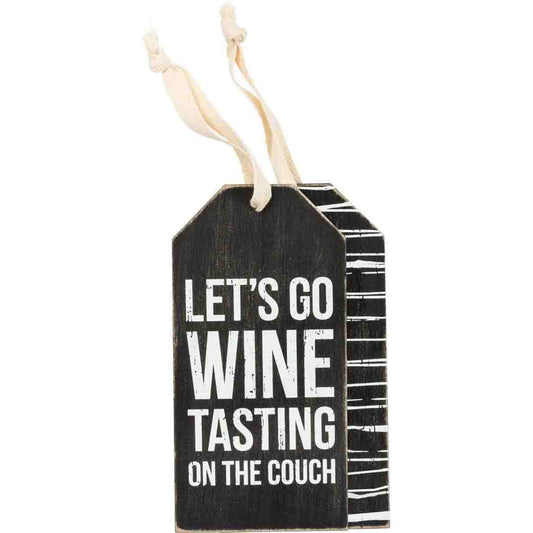 Let's Go Wine Tasting on the Couch Wooden Bottle Tag | Rustic