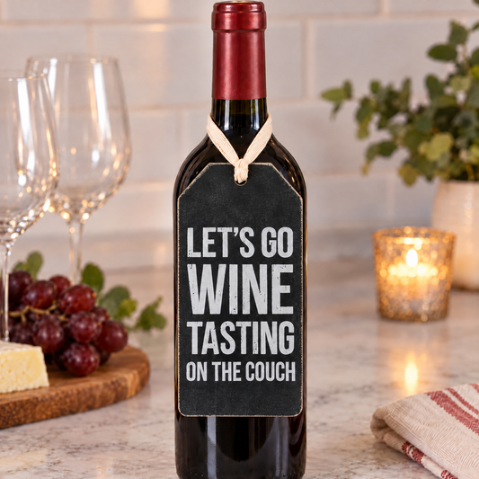 Let's Go Wine Tasting on the Couch Wooden Bottle Tag | Rustic-Primitives by Kathy-The Bullish Store