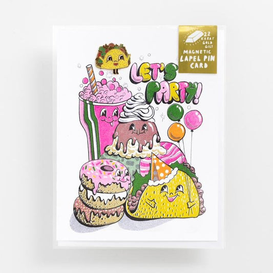 Let's Party! Jolly Taco Enamel Pin on Greeting Card Set