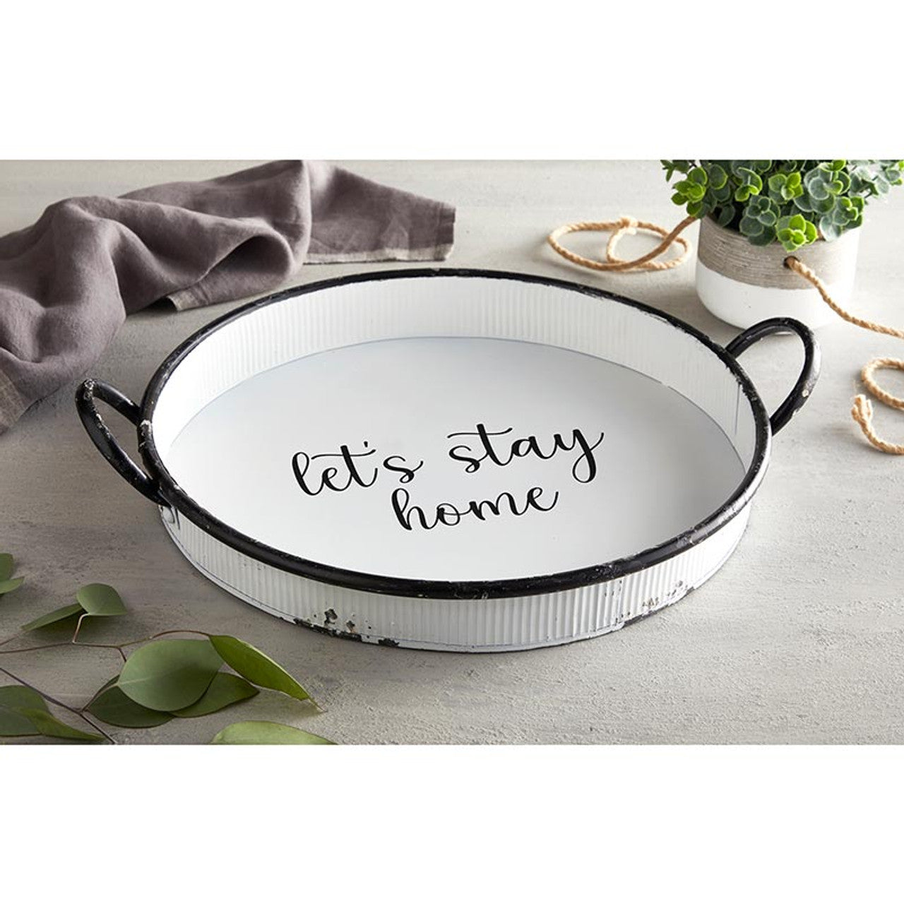 Let's Stay Home Serving Round Tray | Stylish Metal Tray | 16" x 2"