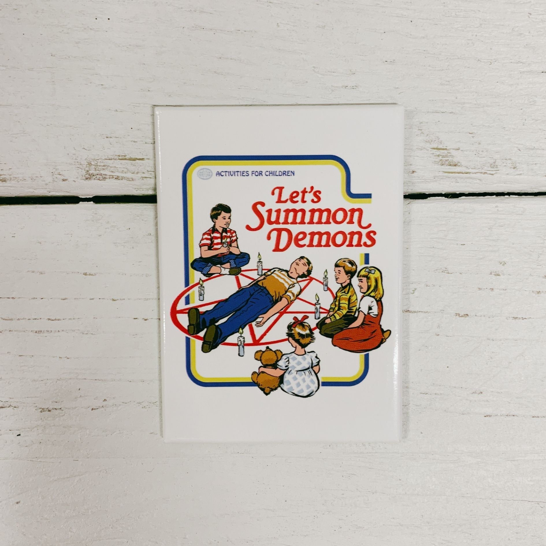 Let's Summon Demons Rectangular Magnet | '80s Children's Book Style Satirical Art by Steven Rhodes