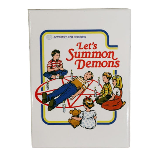 Let's Summon Demons Rectangular Magnet | '80s Children's Book Style Satirical Art by Steven Rhodes