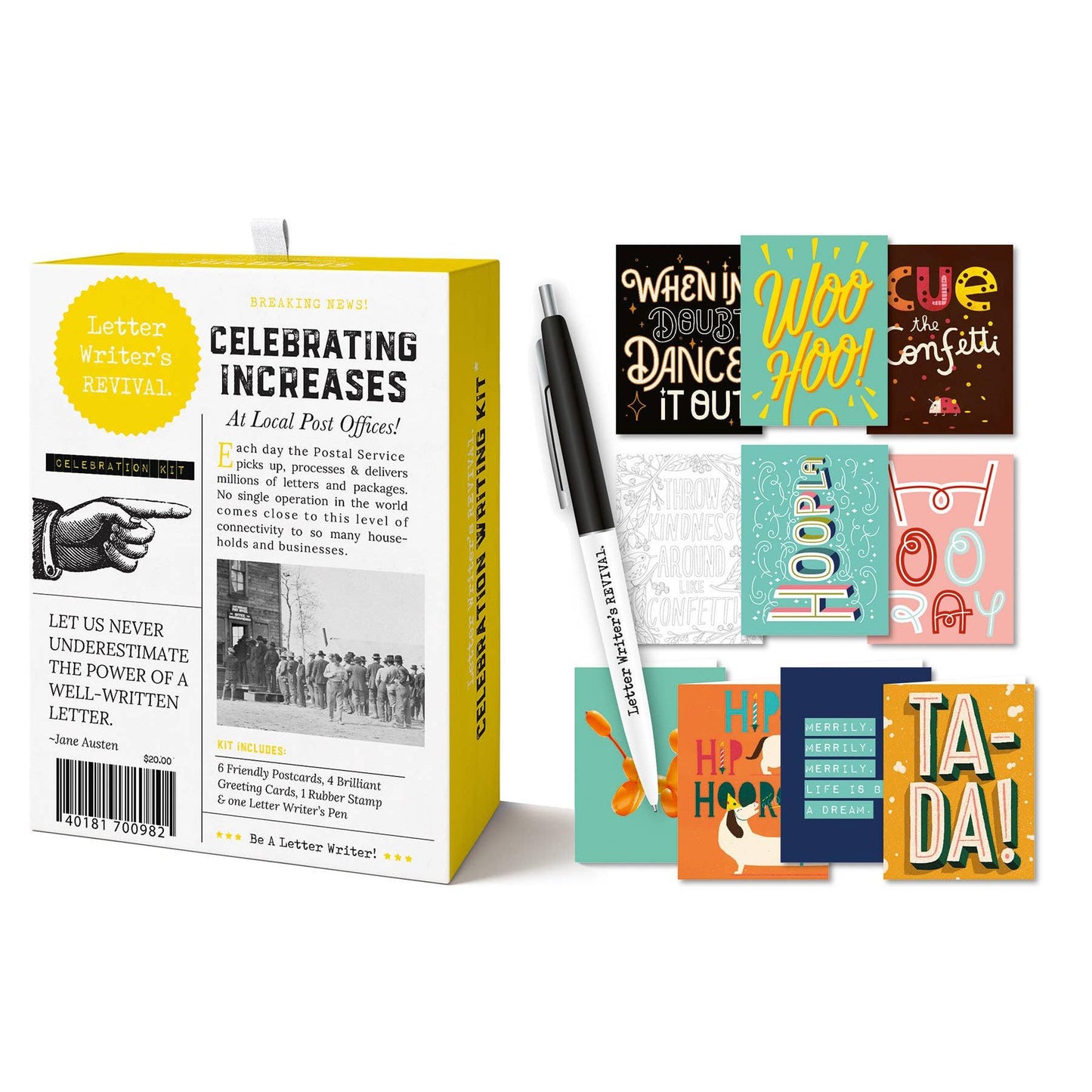 Letter Writer's Stationery Set "Celebration Kit" | Letter-Writing Kit with Greeting Cards, Postcards, Pen, Rubber Stamp