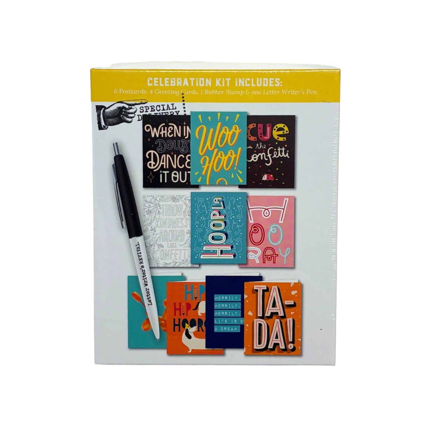 Celebration kit with colorful cards and a pen on a white background