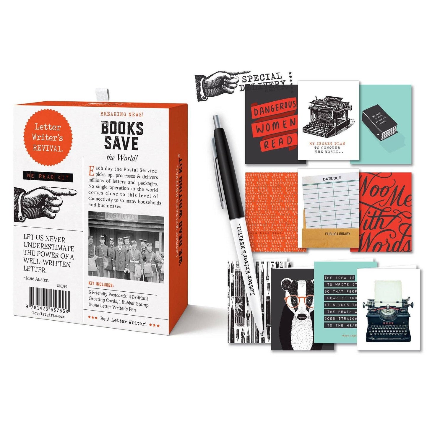 Letter Writer's Stationery Set "We Read Kit" | Letter-Writing Kit with Greeting Cards, Postcards, Pen, Rubber Stamp