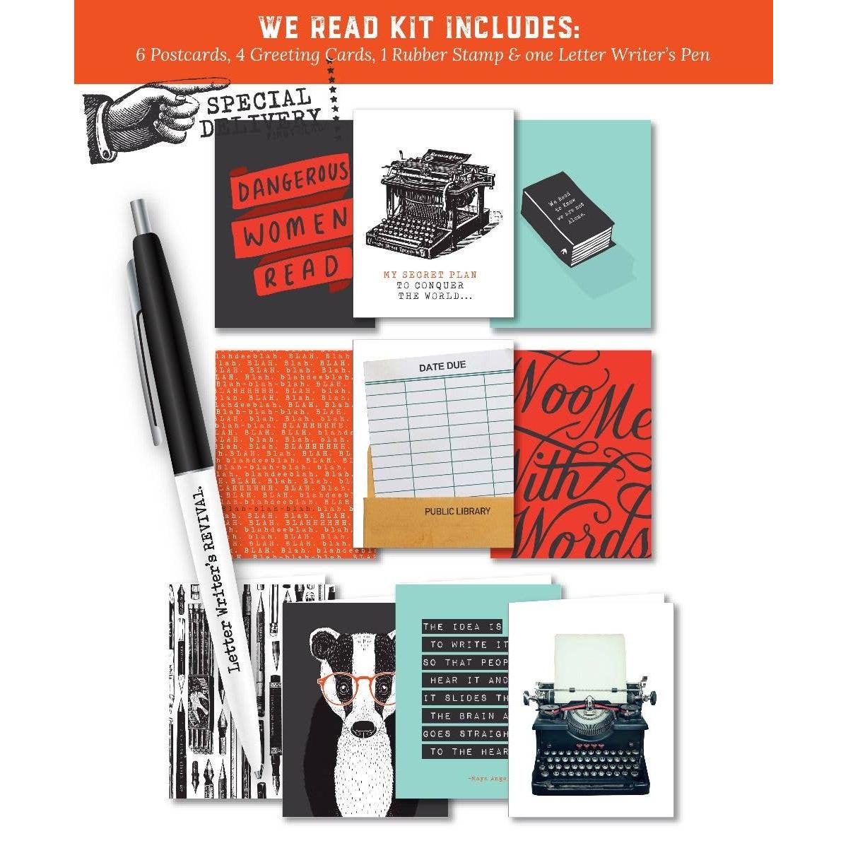 Letter Writer's Stationery Set "We Read Kit" | Letter-Writing Kit with Greeting Cards, Postcards, Pen, Rubber Stamp