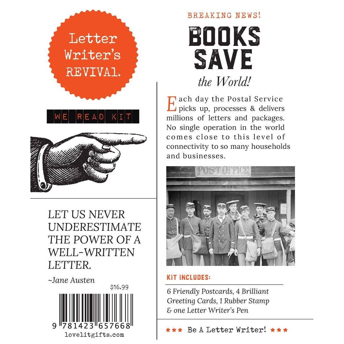 Letter Writer's Stationery Set "We Read Kit" | Letter-Writing Kit with Greeting Cards, Postcards, Pen, Rubber Stamp