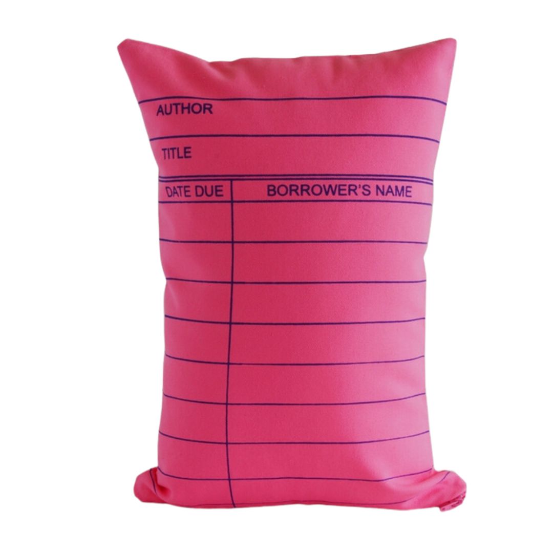 Library Card Pillow in Hot Pink | Hand Screen Printed | 12" x 16"