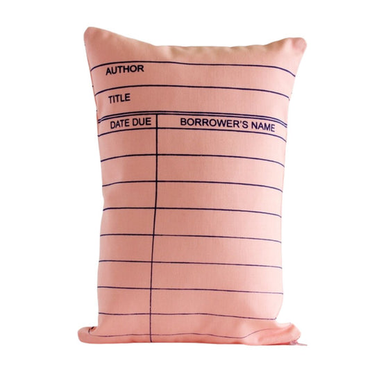 Library Card Pillow in Peachy Pink | Hand Screen Printed | 12" x 16"