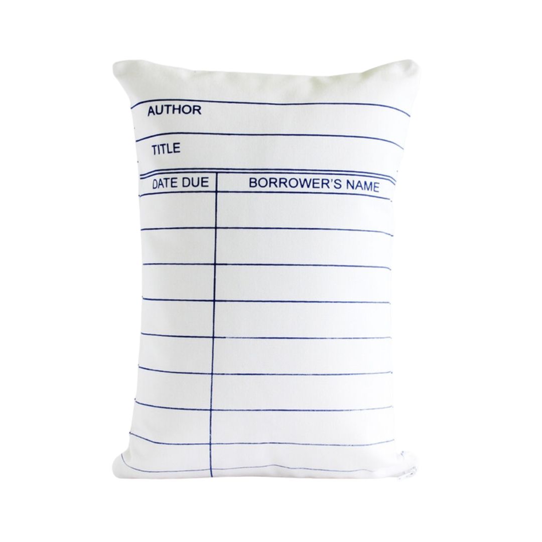 Library Card Pillow in White | Hand Screen Printed | 12" x 16"