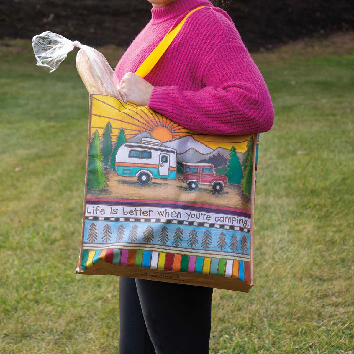 Life Is Better When You're Camping Market Tote | Woodburned Design Shopping Bag | 15.50" x 15.25" x 6"