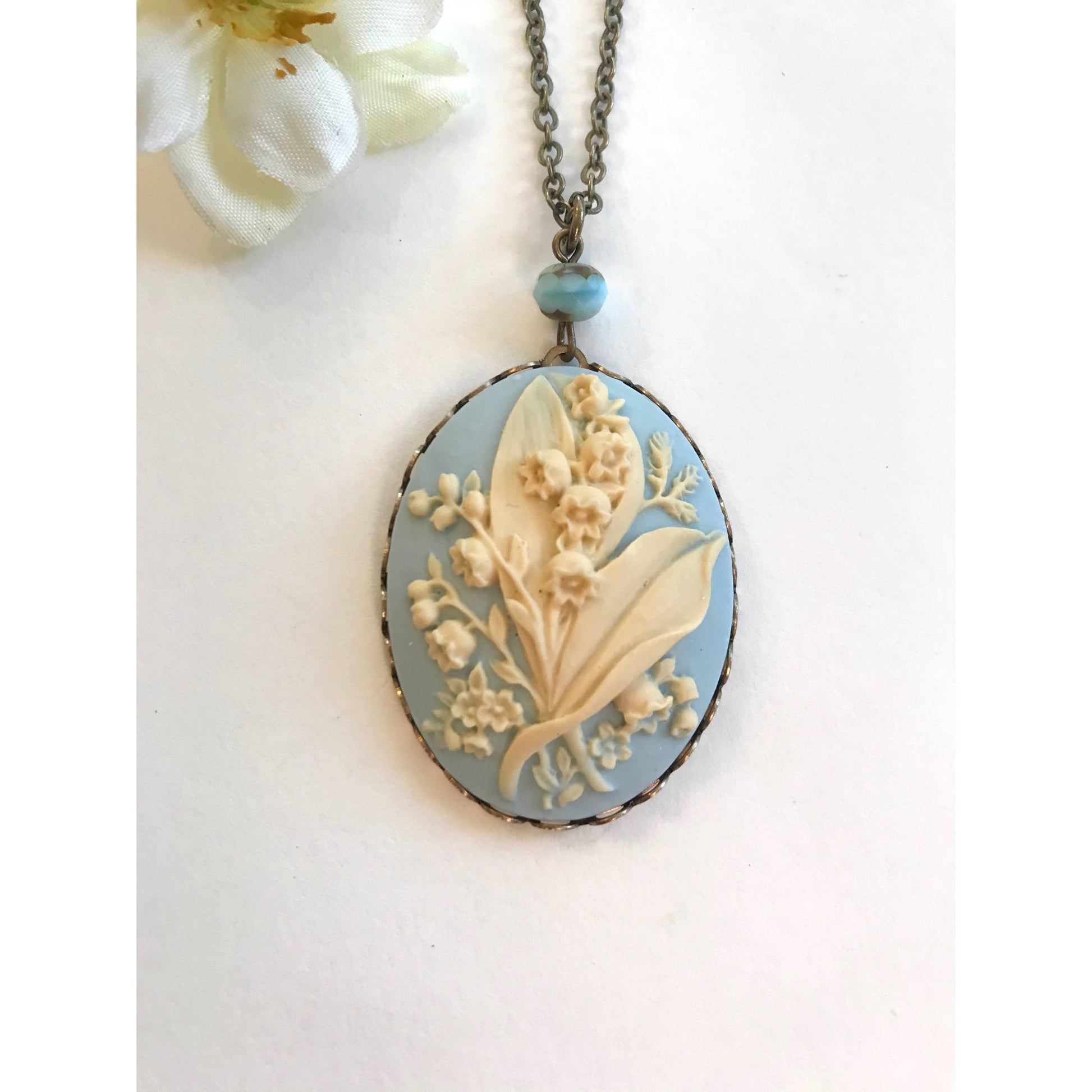 Light Blue Lily of the Valley Cameo Necklace