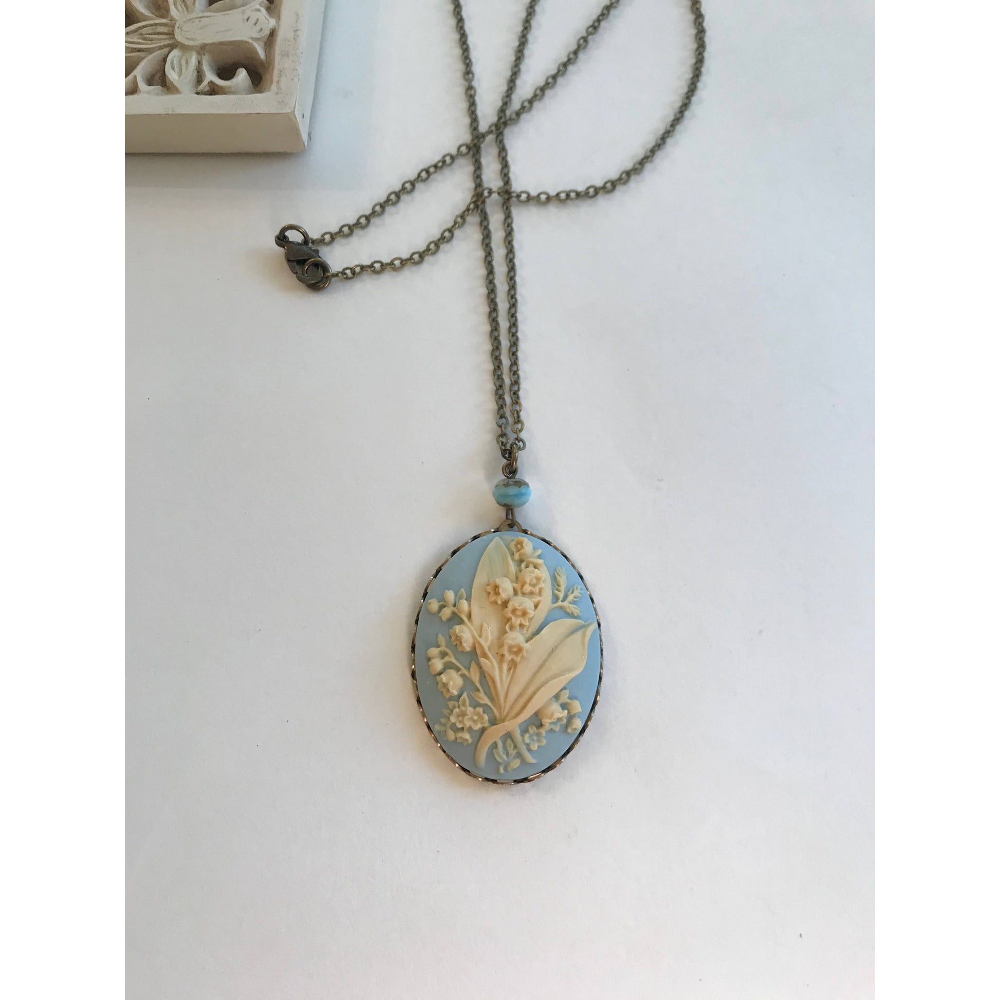 Light Blue Lily of the Valley Cameo Necklace