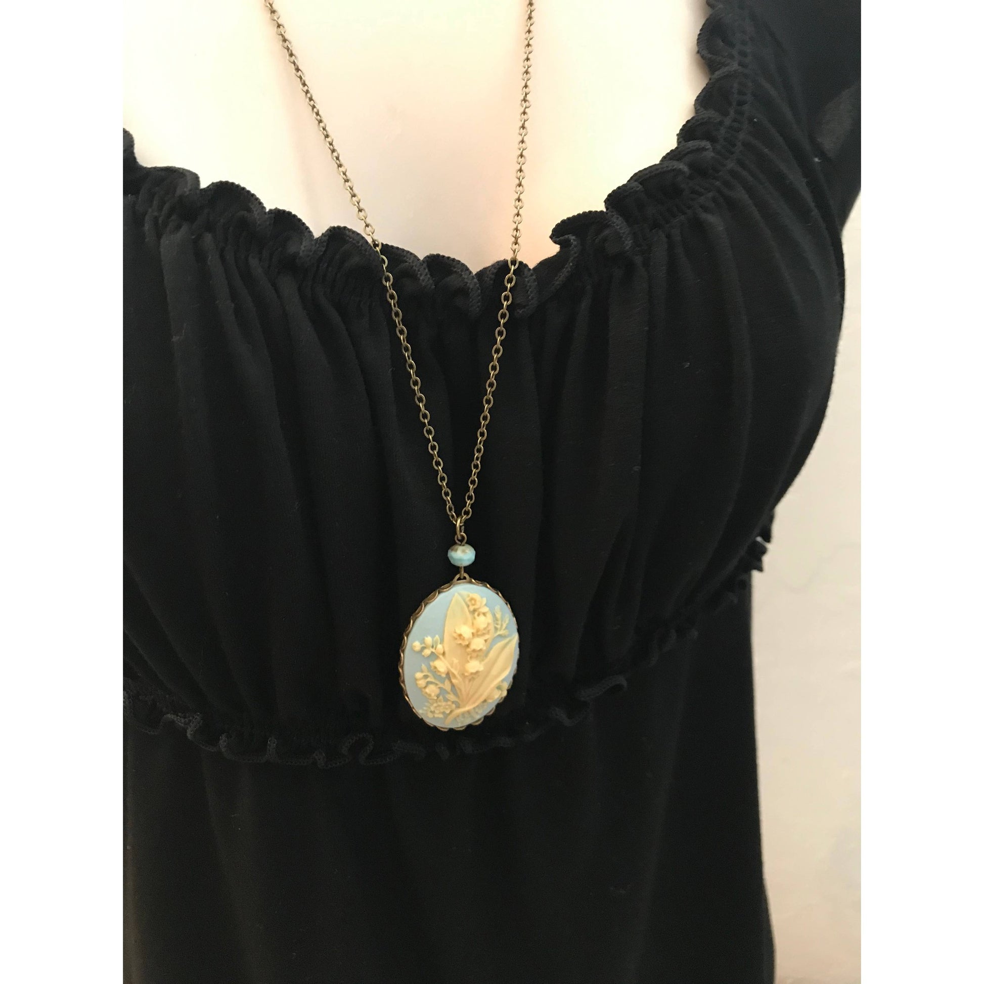 Light Blue Lily of the Valley Cameo Necklace