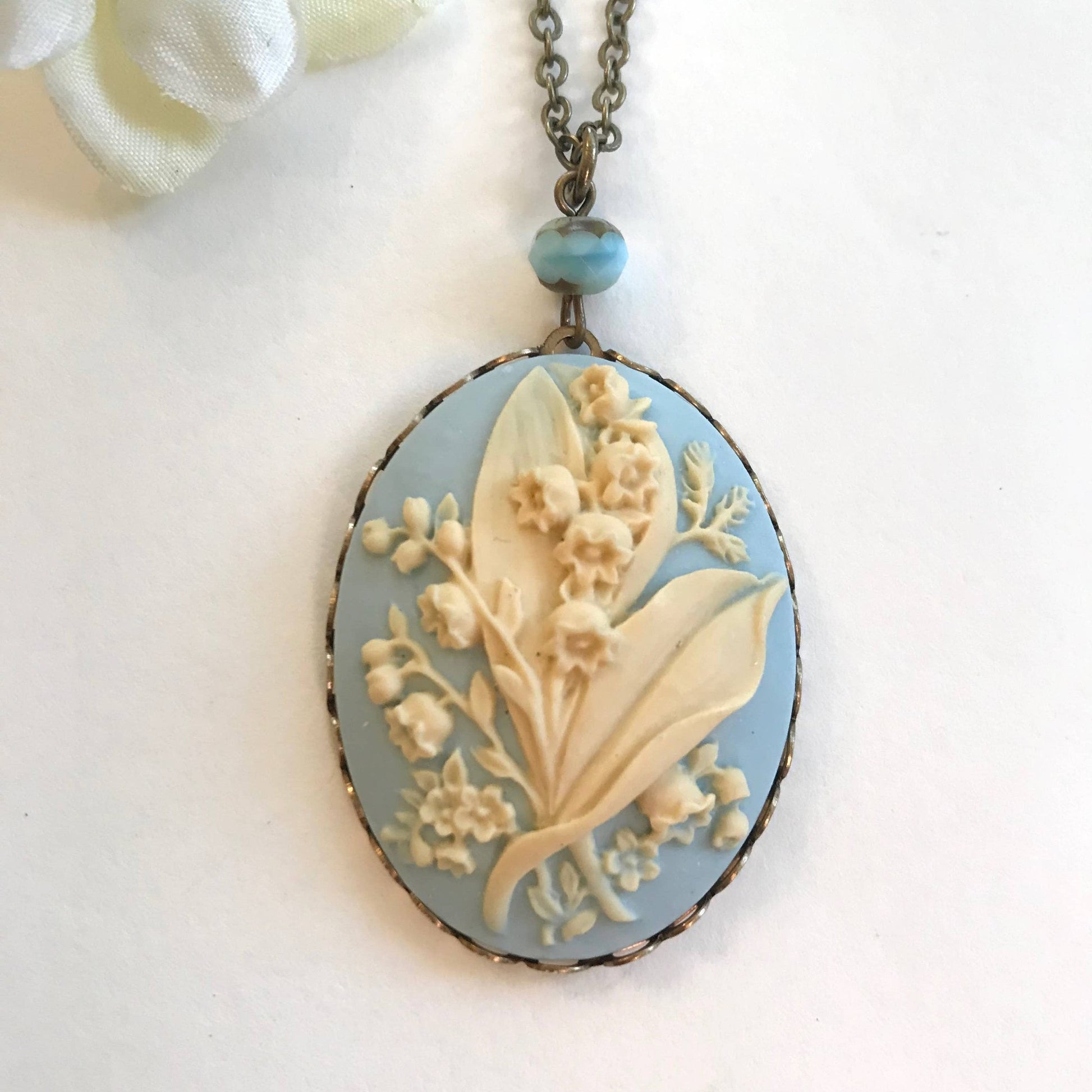 Light Blue Lily of the Valley Cameo Necklace