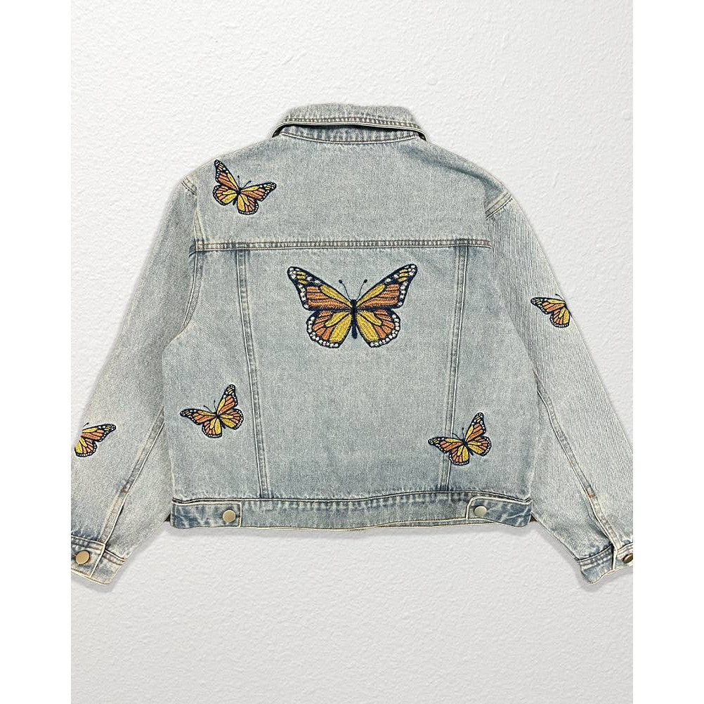 Light Blue Monarch Butterfly Embroidered Denim Jacket | Sizes SM