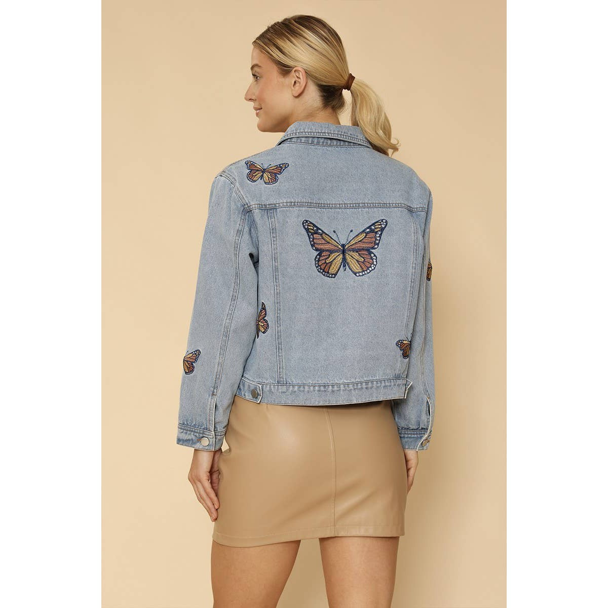 Miss Sparkling Light Blue Monarch Butterfly Embroidered Denim Jacket | Sizes SM-XL