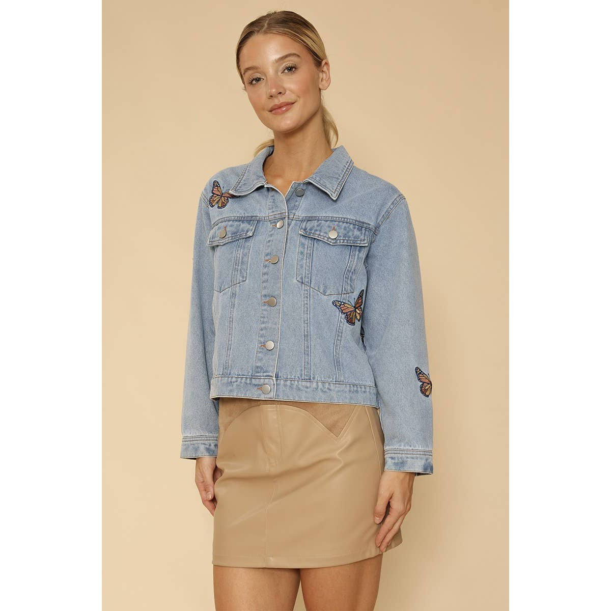 Light Blue Monarch Butterfly Embroidered Denim Jacket | Sizes SM