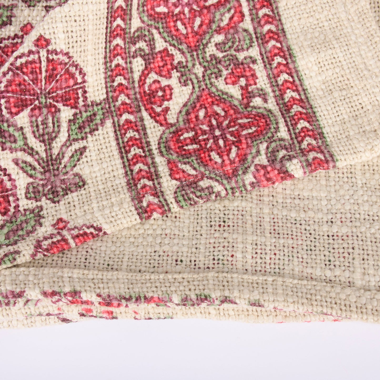 Close-up of a fabric with red and green floral patterns
