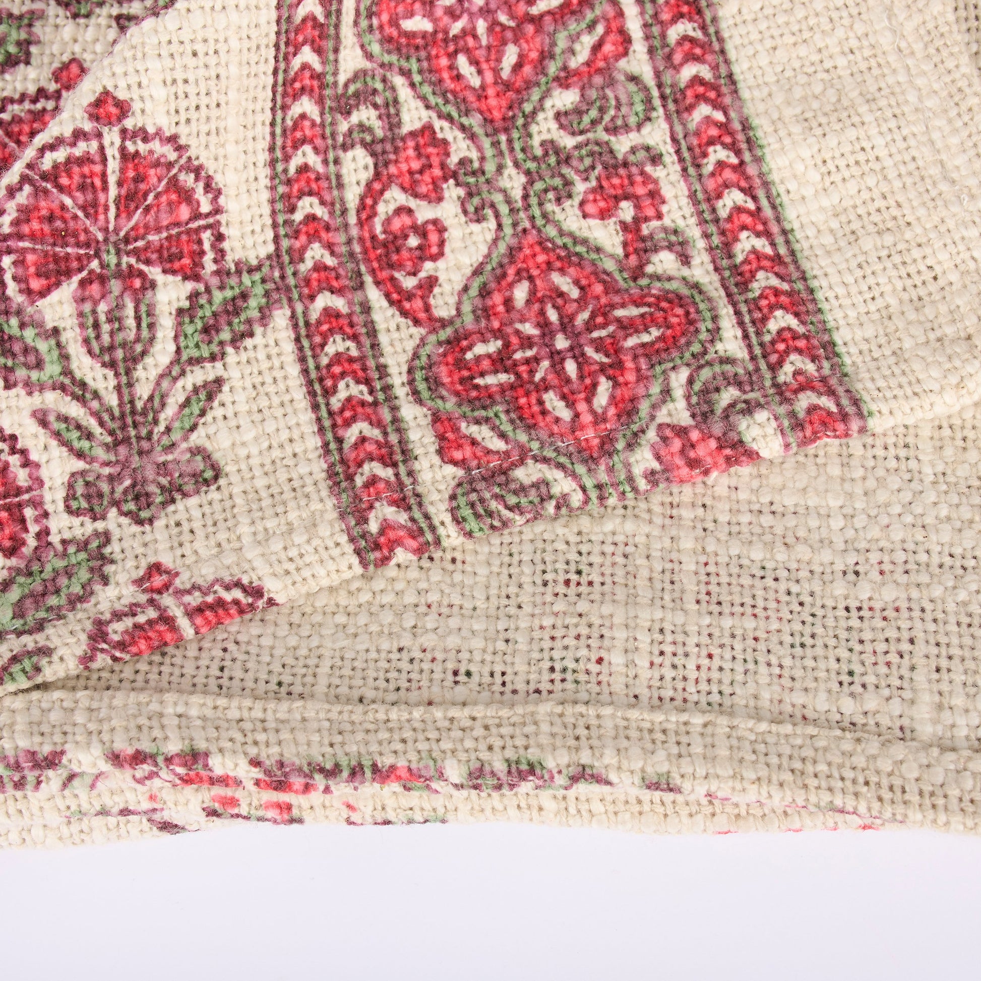 Close-up of a fabric with red and green floral patterns